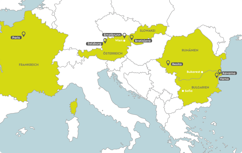Projektkarte der WK-Simonsfeld International. Projekte in Frankreich, Slowakei, Rumänien, Bulgarien und Österreich